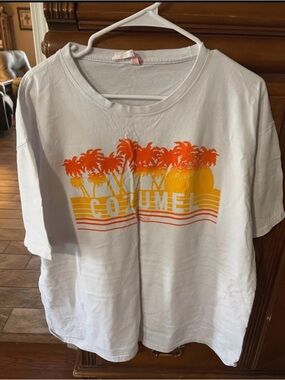 White Short Sleeve Tee with Orange & Yellow Palm Graphic - Cozumel